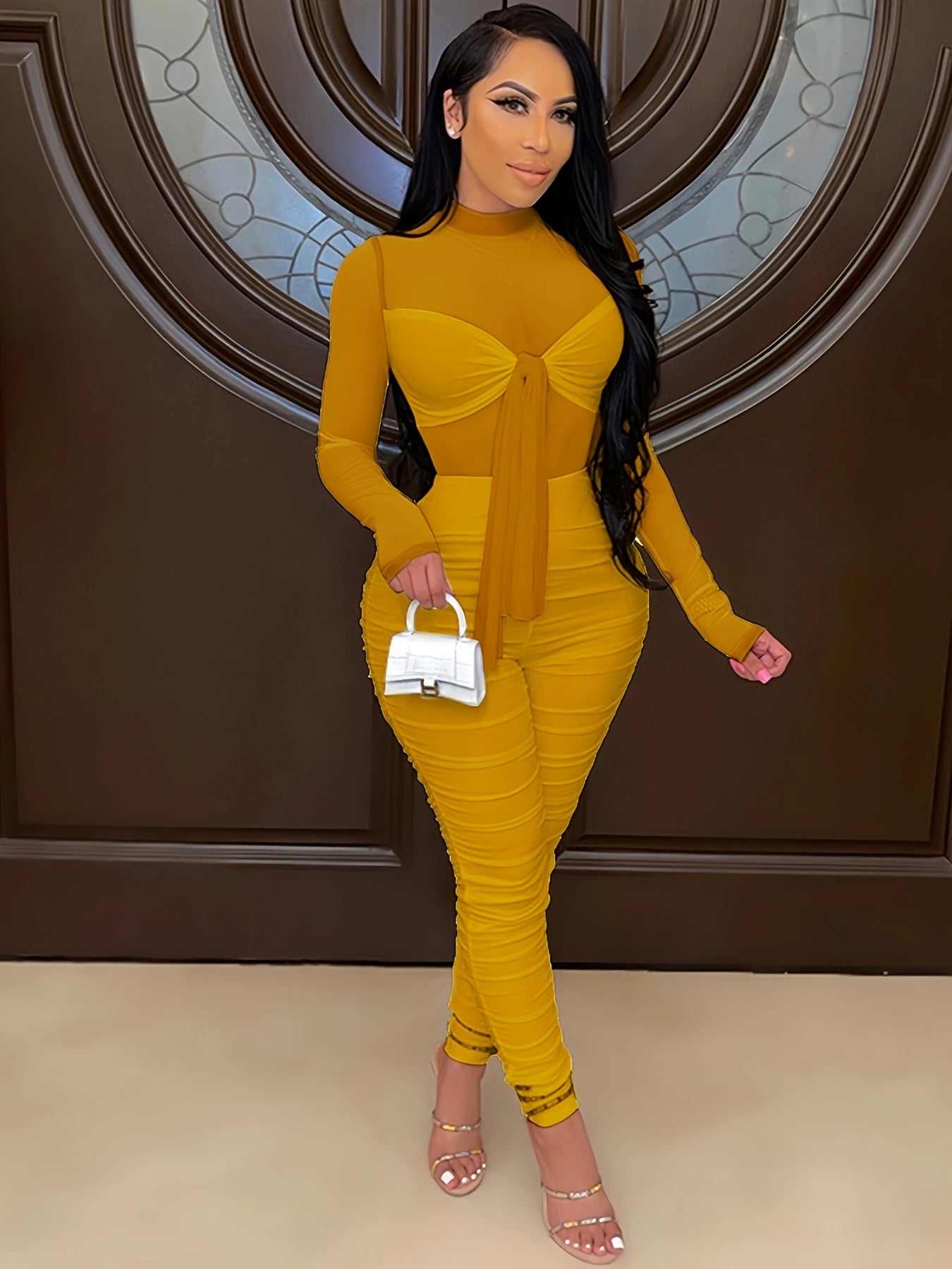 Women's Sexy High Neck Semi-Sheer Mesh suit with Metal Chain Accents - Bodycon Long Sleeve Spring , Mustard Yellow, Machine Washable