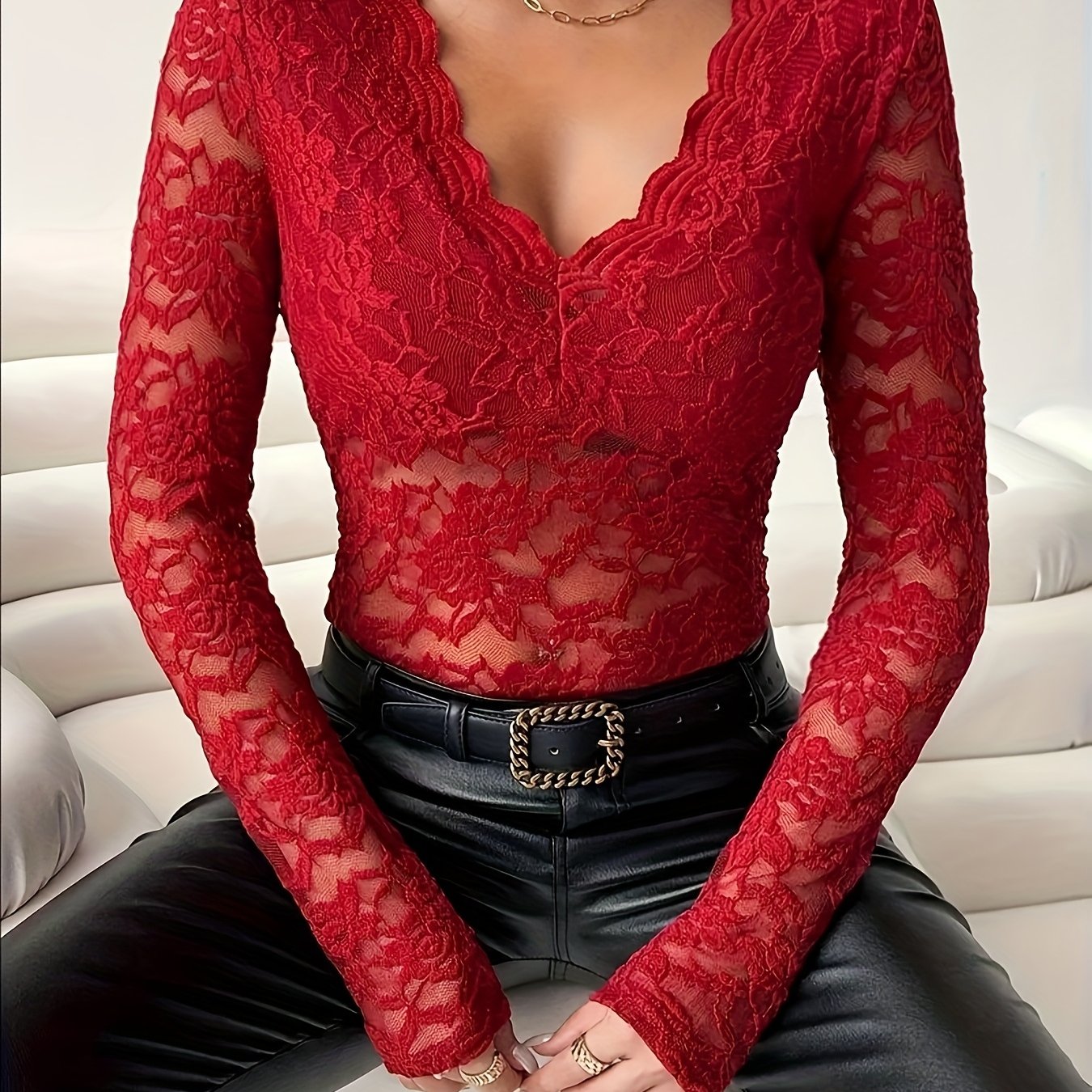 Chic & Sexy Lace V-Neck T-Shirt for Women - Sheer, Stretch Fabric, Perfect for All Seasons