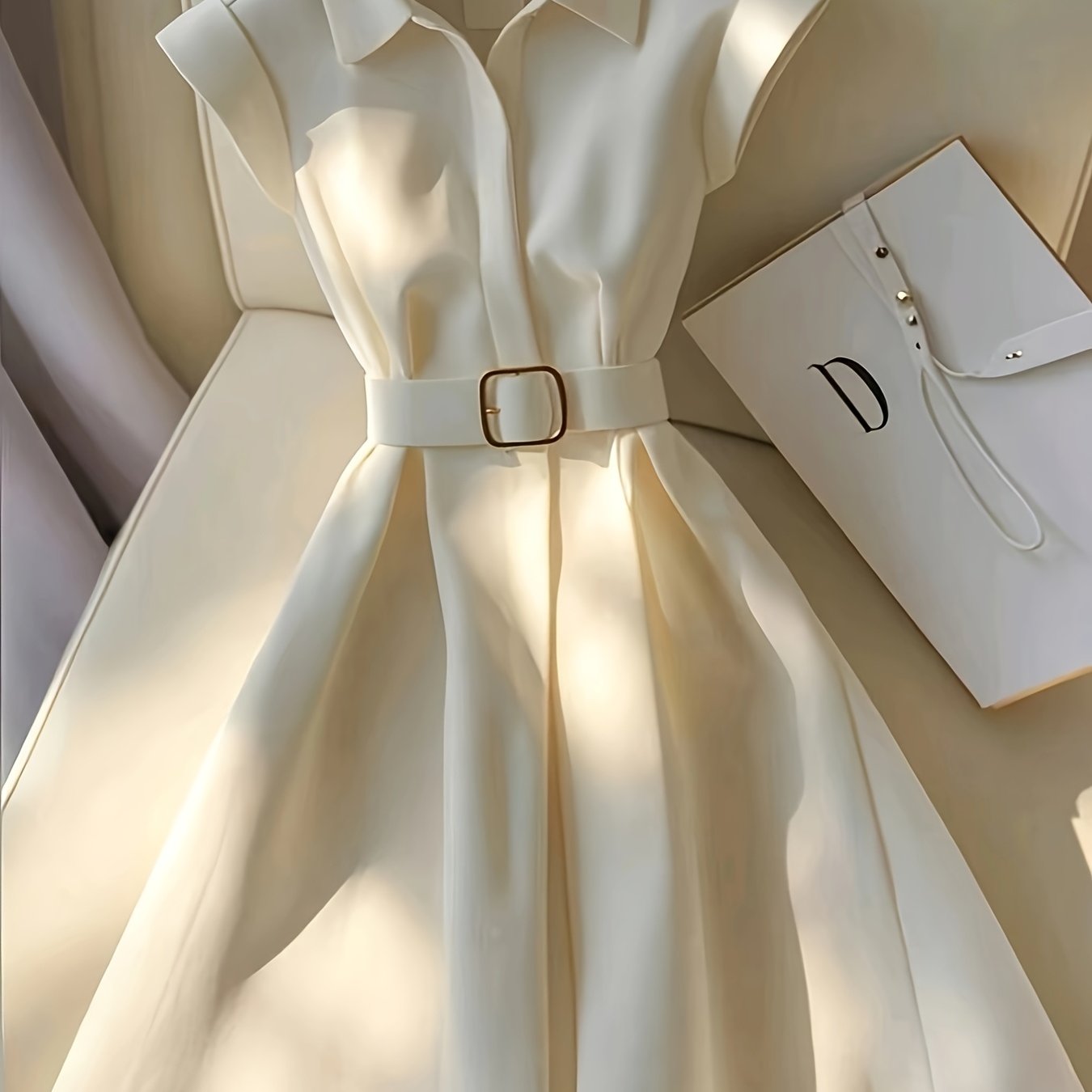 Women'S Elegant Beige Short Sleeve A-Line Shirt Dress with Belt - Polyester, Collared Neck, Perfect for Spring/Summer Casual Wear, Casual Attire|Elegant Collared Dress|Polyester Dres