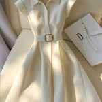 Women'S Elegant Beige Short Sleeve A-Line Shirt Dress with Belt - Polyester, Collared Neck, Perfect for Spring/Summer Casual Wear, Casual Attire|Elegant Collared Dress|Polyester Dres