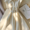 Women'S Elegant Beige Short Sleeve A-Line Shirt Dress with Belt - Polyester, Collared Neck, Perfect for Spring/Summer Casual Wear, Casual Attire|Elegant Collared Dress|Polyester Dres