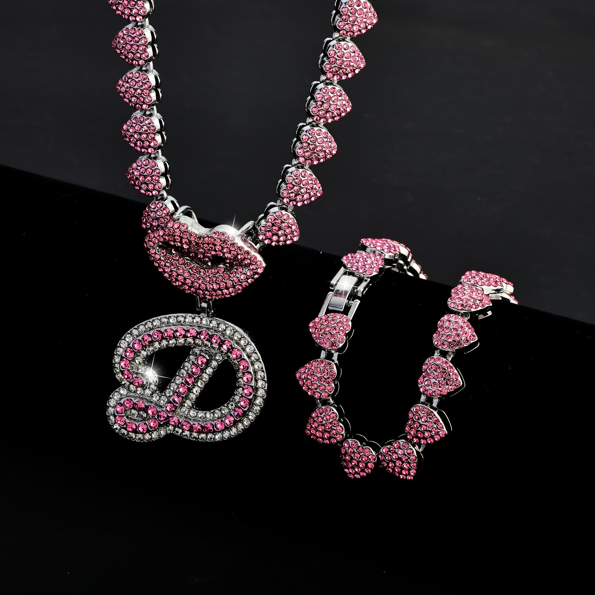 Hip Hop Y2K Style Pink Sexy Lips Pendant Necklace and Bracelet Set, A-Z Initials, Rhinestone Inlay, Zinc Alloy, Perfect for Daily Wear or Parties, Ideal Valentine's Day Gift for Men and Women, Hip Hop Jewelry