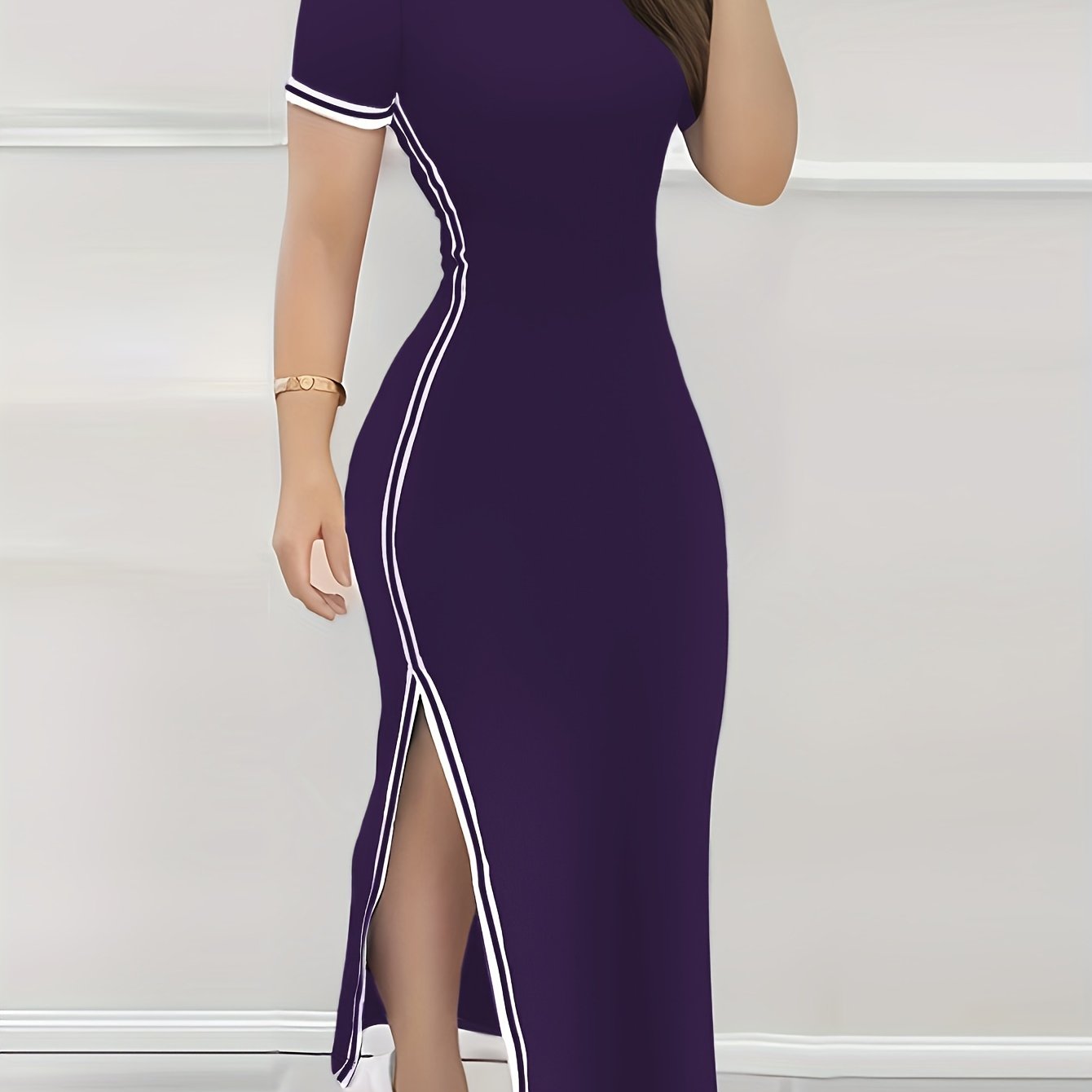 Women's Contrast Trim Split Hem Bodycon Dress - Elegant Crew Neck Short Sleeve Dress For Spring & Summer - For Women - Perfect for Parties & Casual Occasions - Stylish Gift for Fashionable Ladies