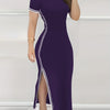 Women's Contrast Trim Split Hem Bodycon Dress - Elegant Crew Neck Short Sleeve Dress For Spring & Summer - For Women - Perfect for Parties & Casual Occasions - Stylish Gift for Fashionable Ladies