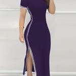 Women's Contrast Trim Split Hem Bodycon Dress - Elegant Crew Neck Short Sleeve Dress For Spring & Summer - For Women - Perfect for Parties & Casual Occasions - Stylish Gift for Fashionable Ladies