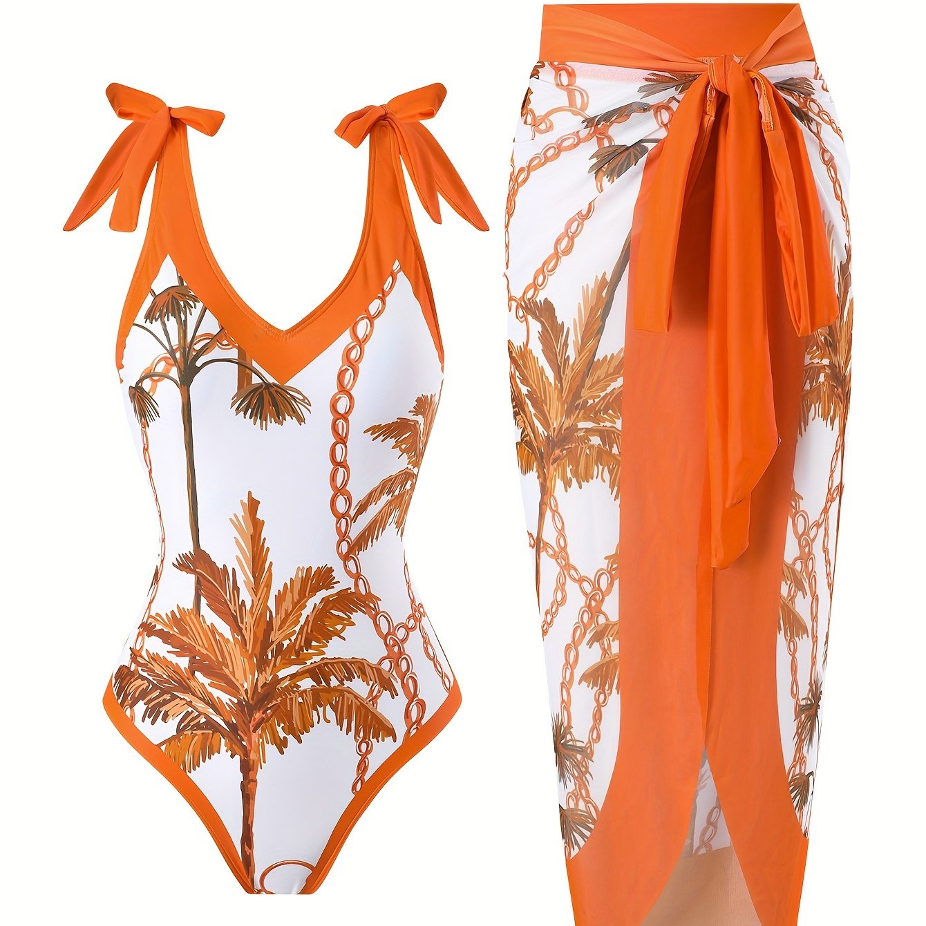 Green Coconut Tree Print Seamless V-Neck Tie-Dye Gauze Skirt Two-Piece Women's Sunscreen Suit