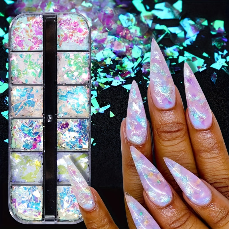 12 Grids Mermaid Flake Nail Glitter Sequins Iridescent Ice Slag Nail Glitter Colorful Glass Paper Nail Sticker Holographic Nail Glitter For Make Up DIY Nail Decoration