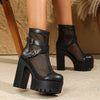 Mesh Cutout Ankle Booties, Women's Platform Boots with Crisscross Buckle Detail and Chunky Heel