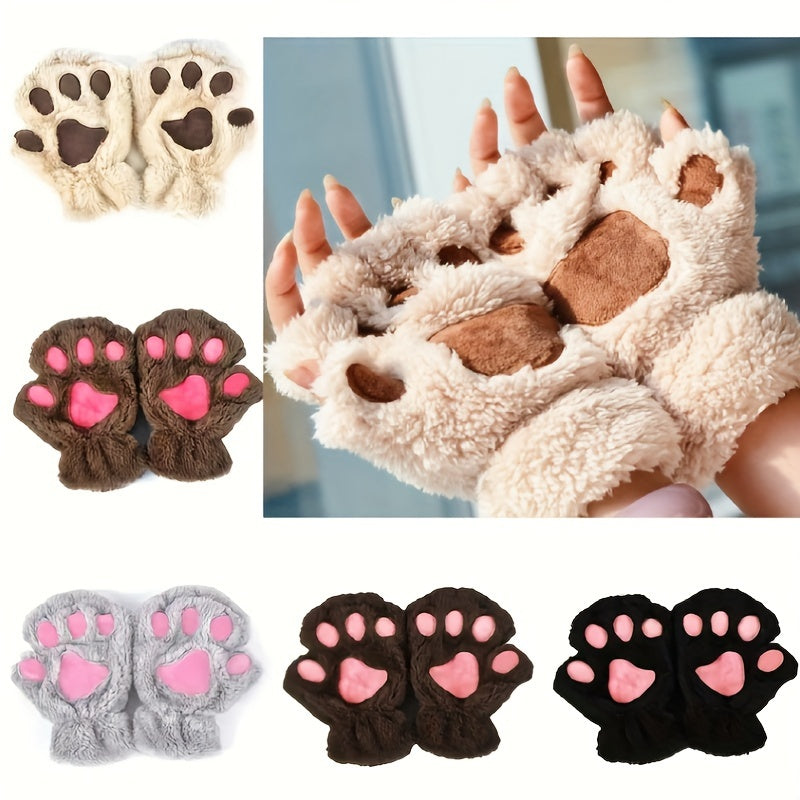 Cute Cat Claw Plush Gloves Stylish Thick Warm Half Finger Gloves Autumn Winter Soft Cozy Fuzzy Gloves