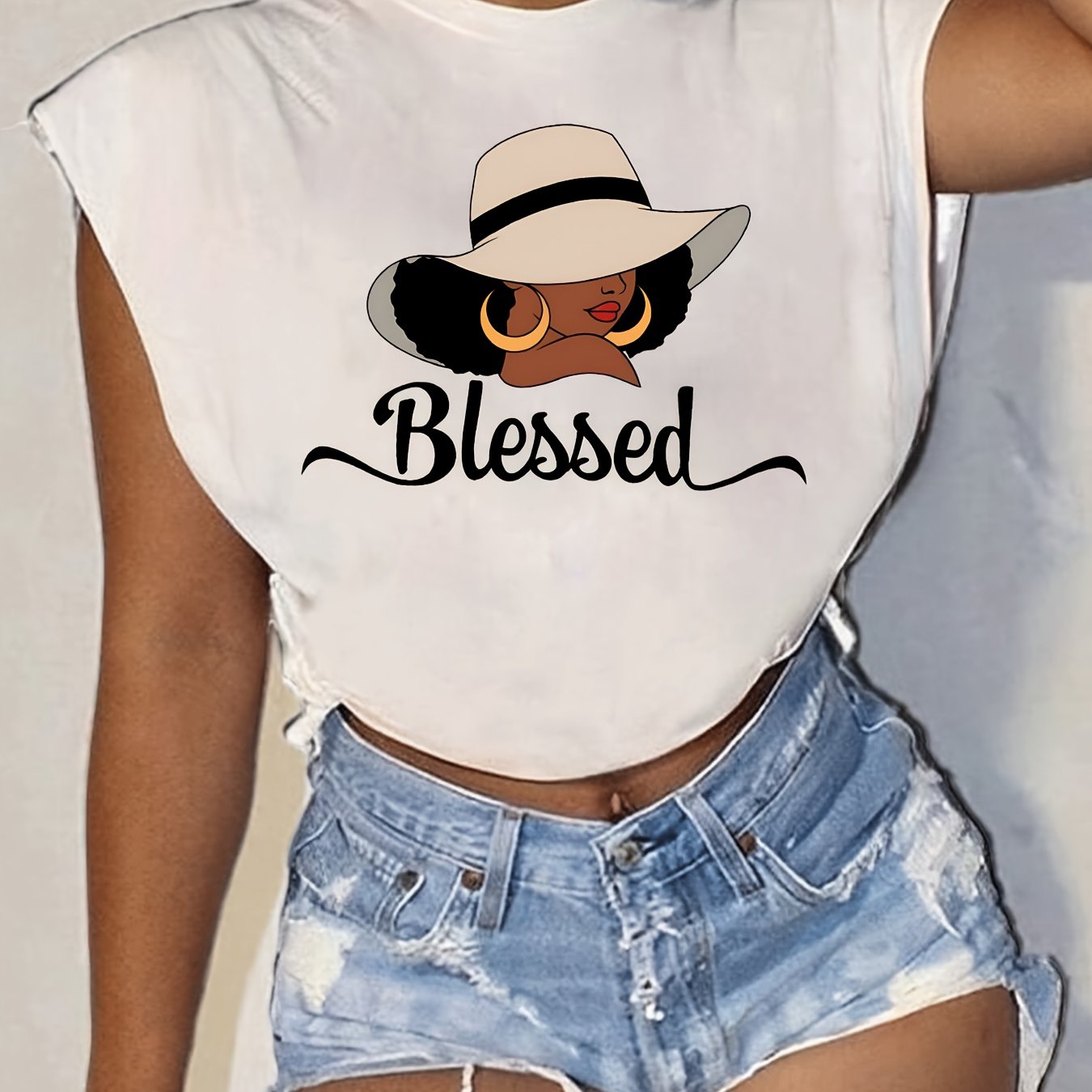 Women'S "Blessed" Graphic Tee - Casual, Sleeveless, Round Neck, Relaxed Fit, Summer White T-Shirt with Stylish Hat Design, Allseason Top|Stylish Graphic Tee|Relaxed Fit Tshirt