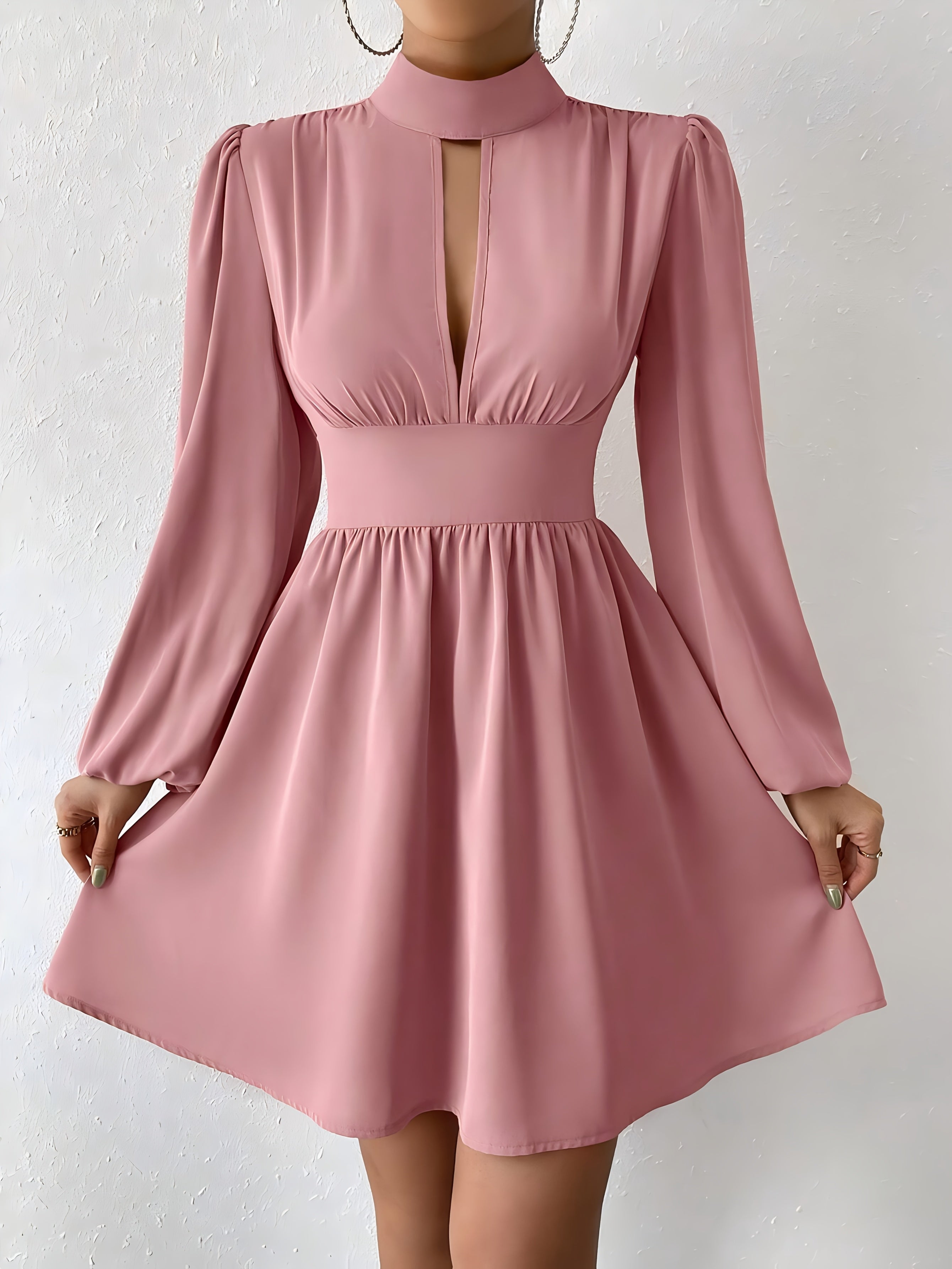 Women's Elegant Waist-Cinching Long Sleeve Dress - Soft Pink Small Round Neck Blouse-Style Top with Flared Skirt, Machine Washable Spring/Fall Office & Casual Wear