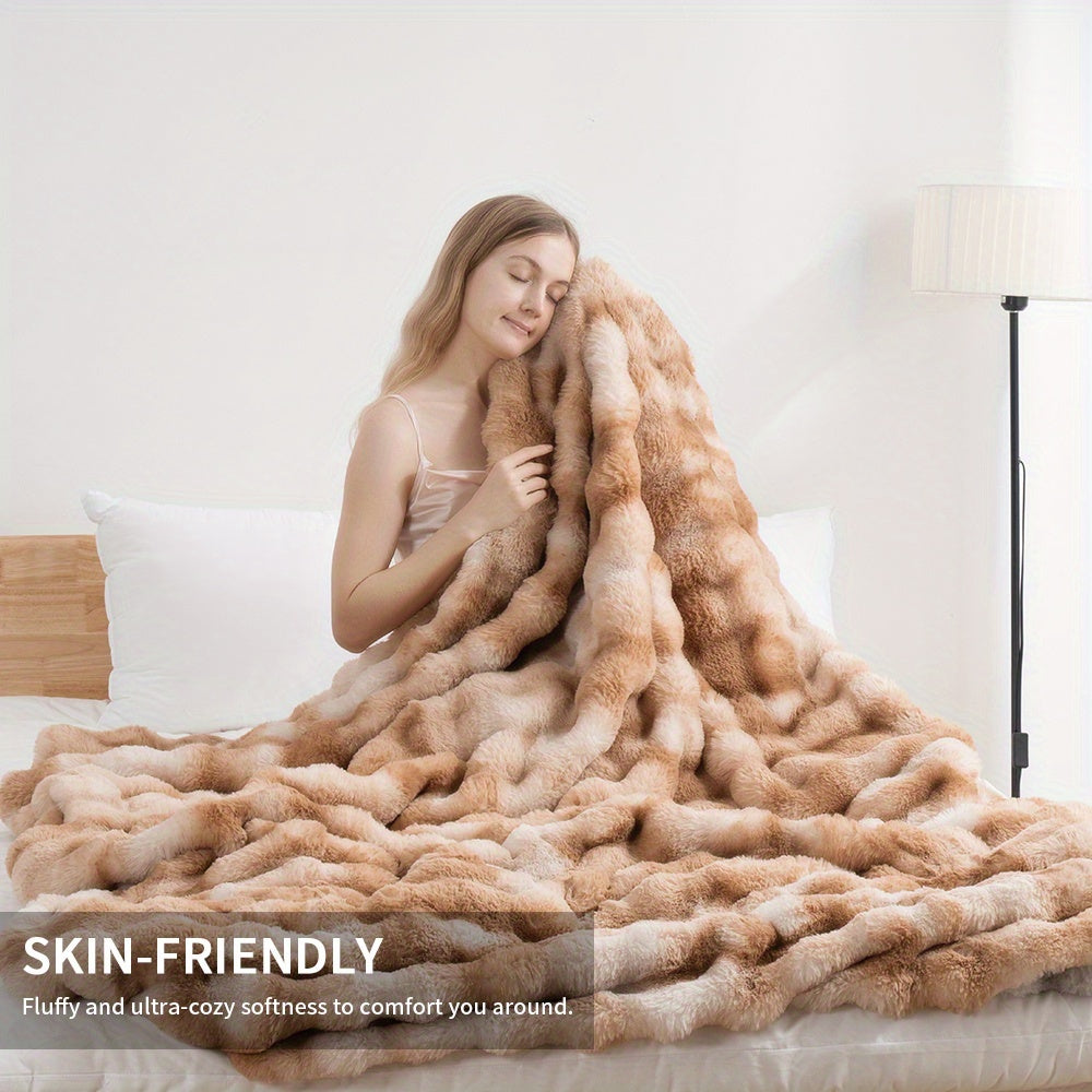 1PC Faux Rabbit Fur Queen Blanket For Bed, Thick & Warm Bed Blankets For Winter, Soft Cozy Fluffy Decorative Blankets For Living Room, Bedroom, Heavy Furry Luxury Blanket Gifts