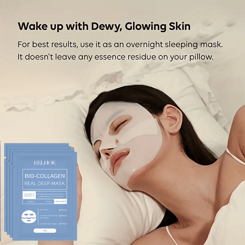 20pcs Bio-Collagen Real Deep Facial Masks, Unisex Adult Moisturizing Skincare, Full-Face Split Sheet Masks, Sleep Mask for Hydration, with Hyaluronic Acid & Nicotinamide, Soothing, Unscented, Alcohol-Free, with Suitable for A