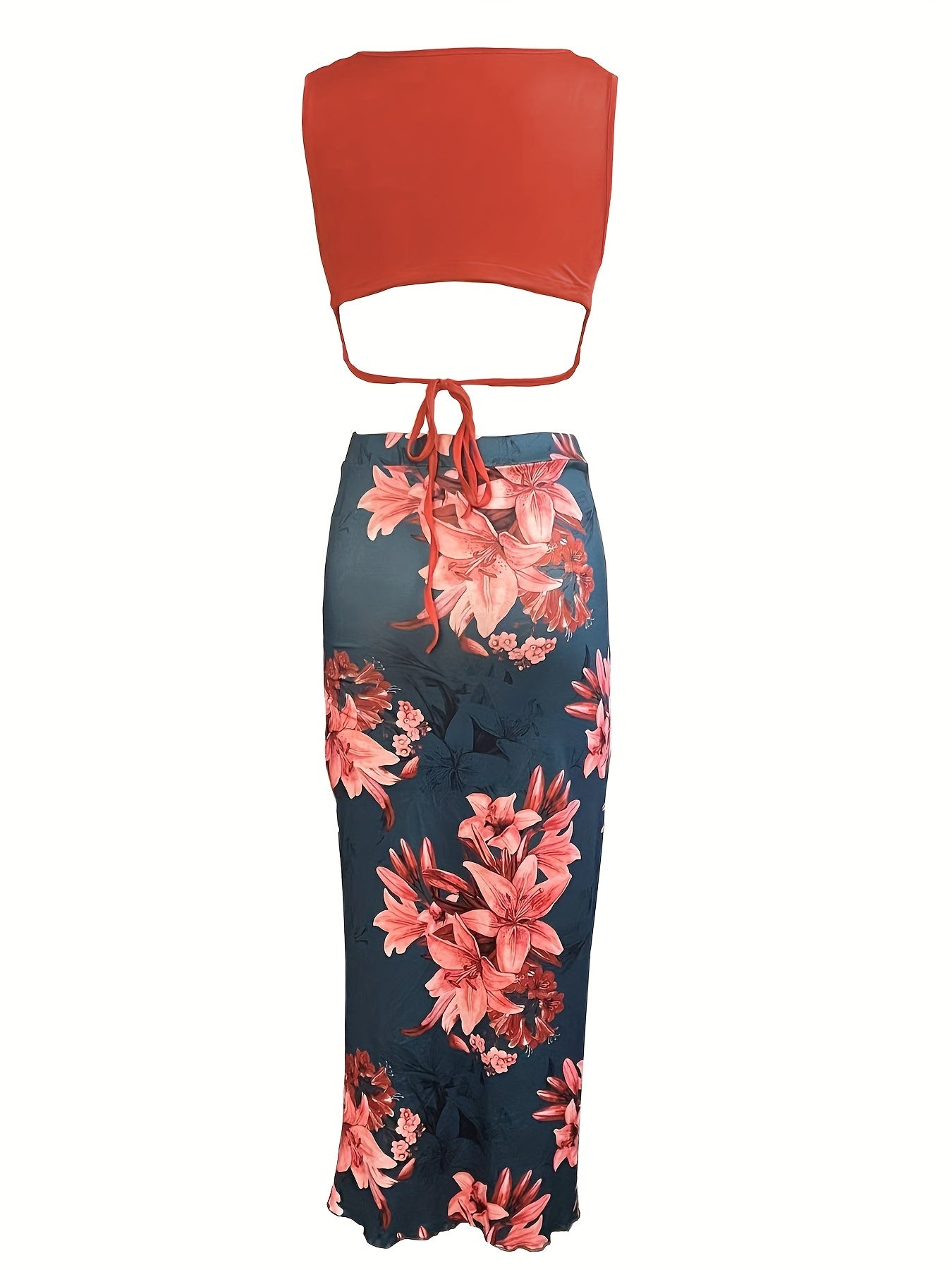 Elegant Floral Print Two-Piece Set for Women - Crop Tank Top & High Slit Skirt with Drawstring Detail, Polyester, Machine Washable - Perfect for Spring/Summer, Short, Print