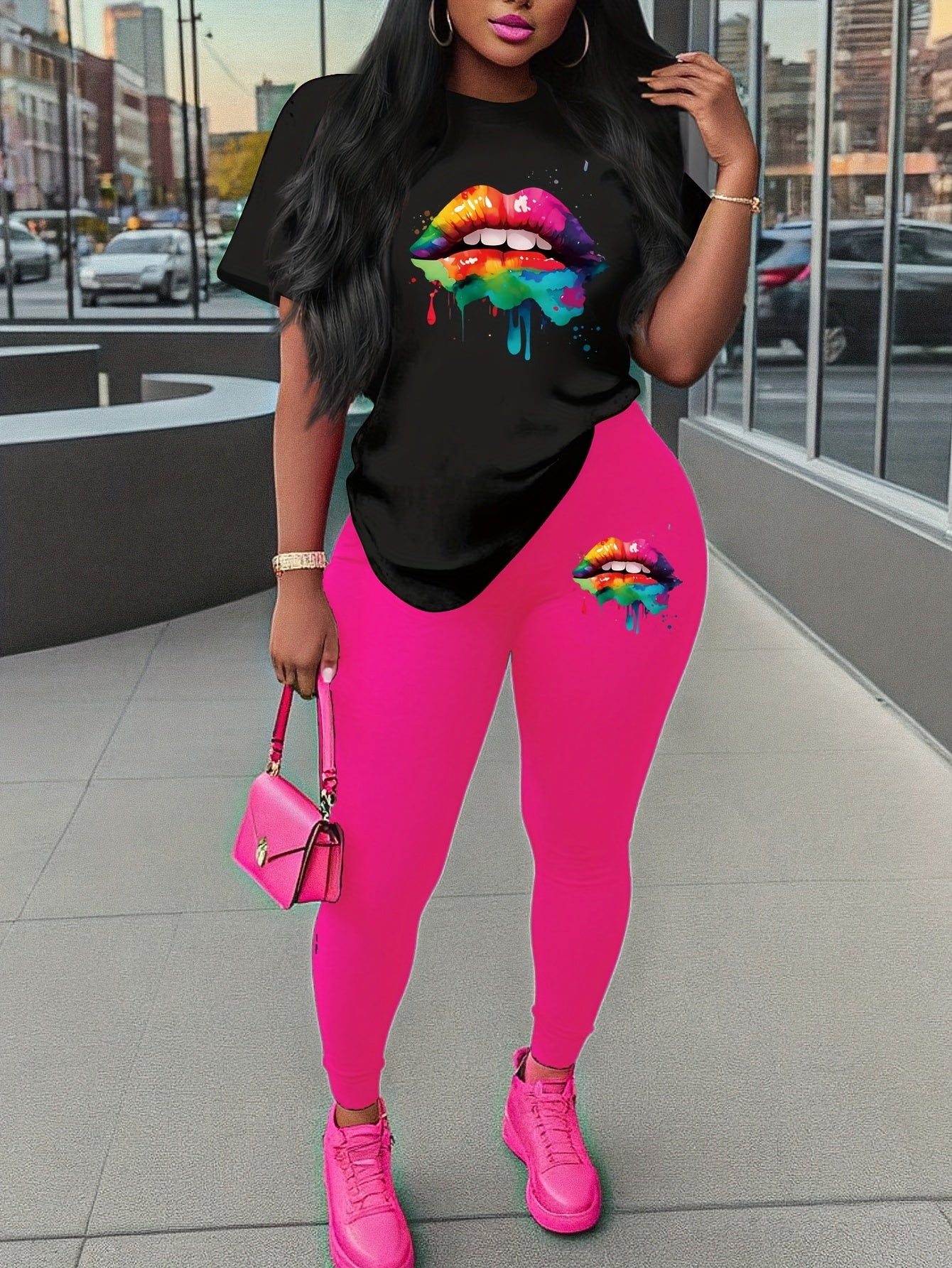 two piece Women's Two-Piece Lip Print Set: Short Sleeve T-Shirt & Leggings Outfit