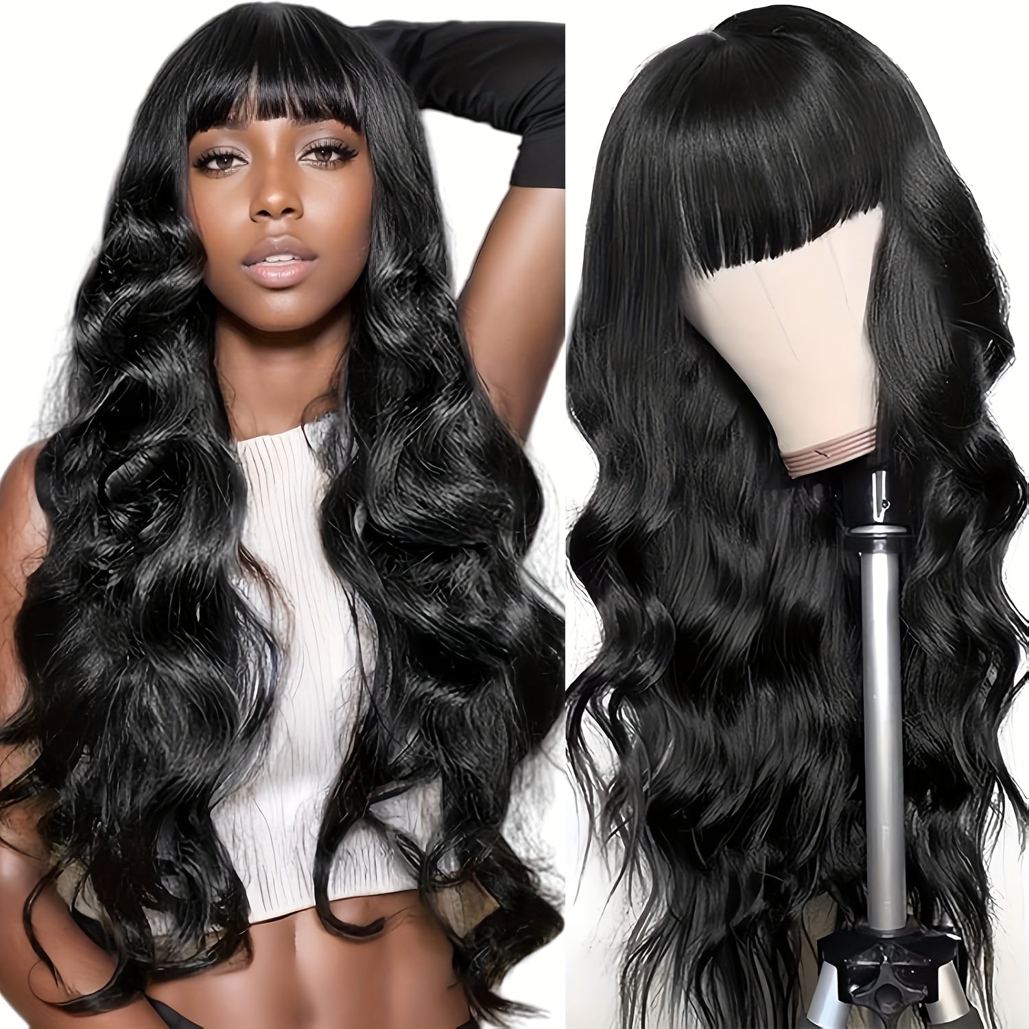 Human Hair Wigs With Bangs Body Wave 230% Density Full Machine Made Human Hair Wigs For Women Girls None Lace Front Wigs Glueless Scarf Wigs With Bangs Natural Color Christmas New Year'S Gifts