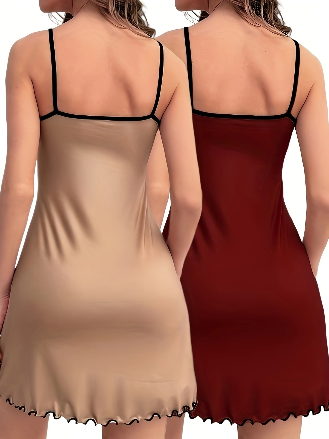Two Pieces of Bear Print Pajamas, a Round-Neck Ruffled Edge Backless Camisole Dress, Women'S Sleepwear.