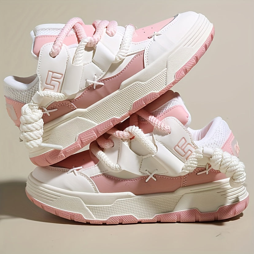 Women's Cute Chunky Lace-Up Sneakers - Pink, Low-Top, Thick Sole, Casual Athletic Shoes - Fabric/PU Upper, Rubber Sole, All-Season Design