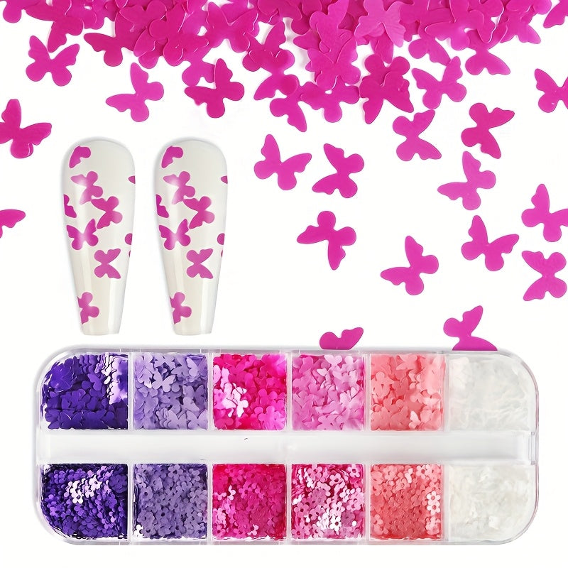 12 Grids Butterfly Flower Nail Art PET Ultra-Thin Pearlescent Sequins DIY Nail Decoration