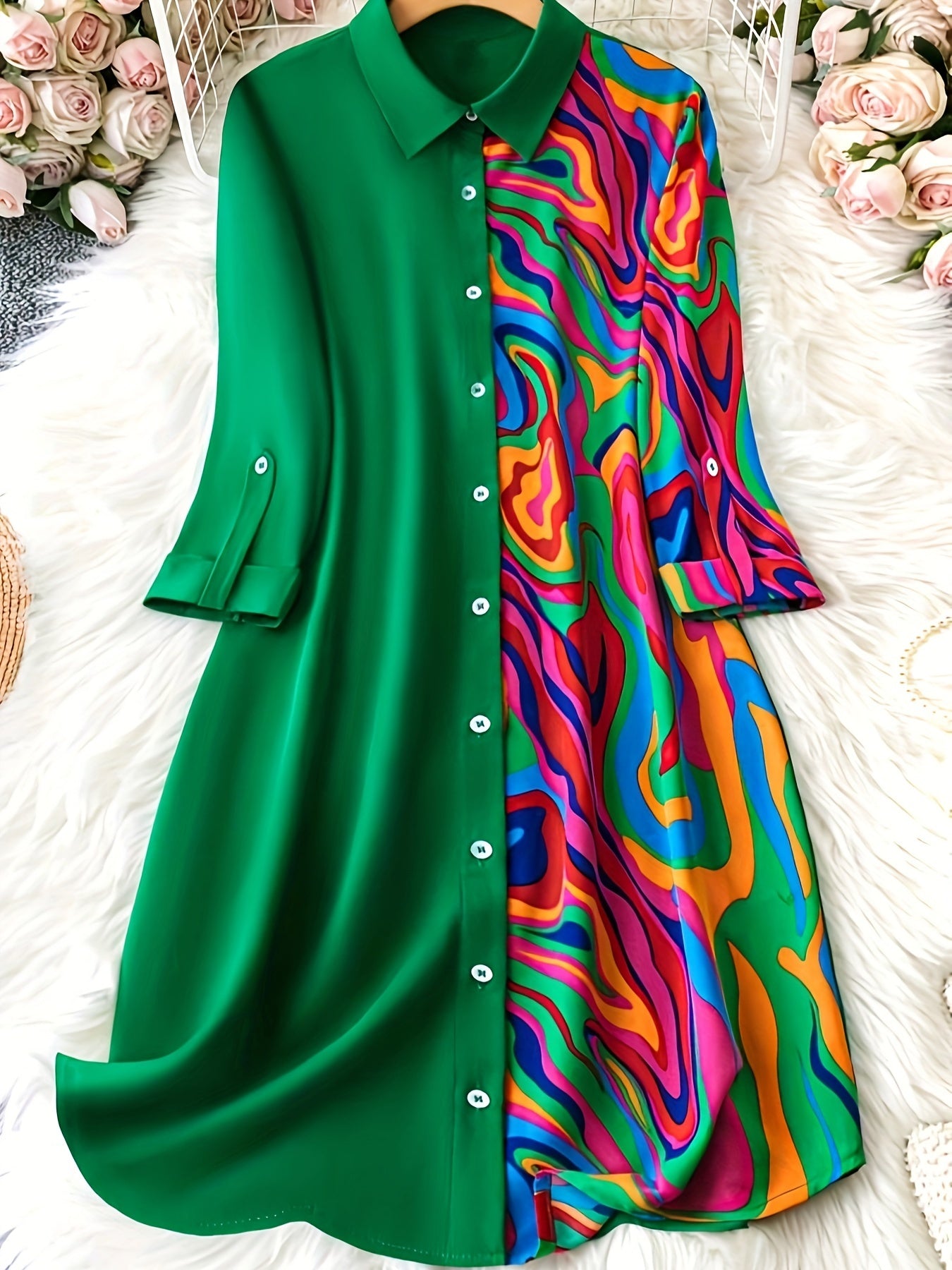 [Elegant A-line Shirt Dress] Elegant 3/4 Sleeve Color Block Button Front Shirt Dress - Loose A-line Dress for Spring & Fall - Women's Clothing