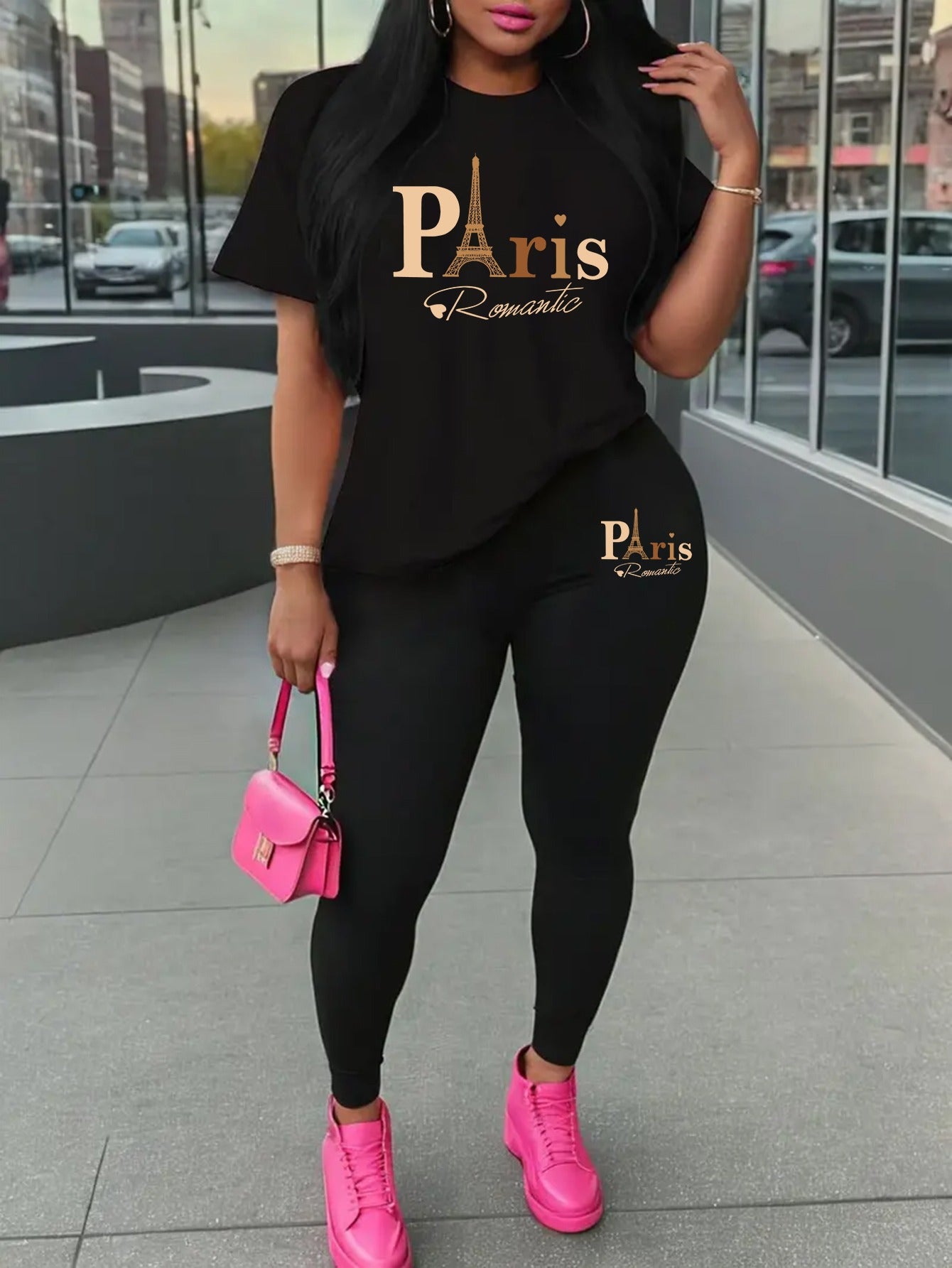 Eiffel Tower Paris-Inspired Women's Casual Outfit - Comfy Short Sleeve Tee & Stylish Pants Set, Machine Washable