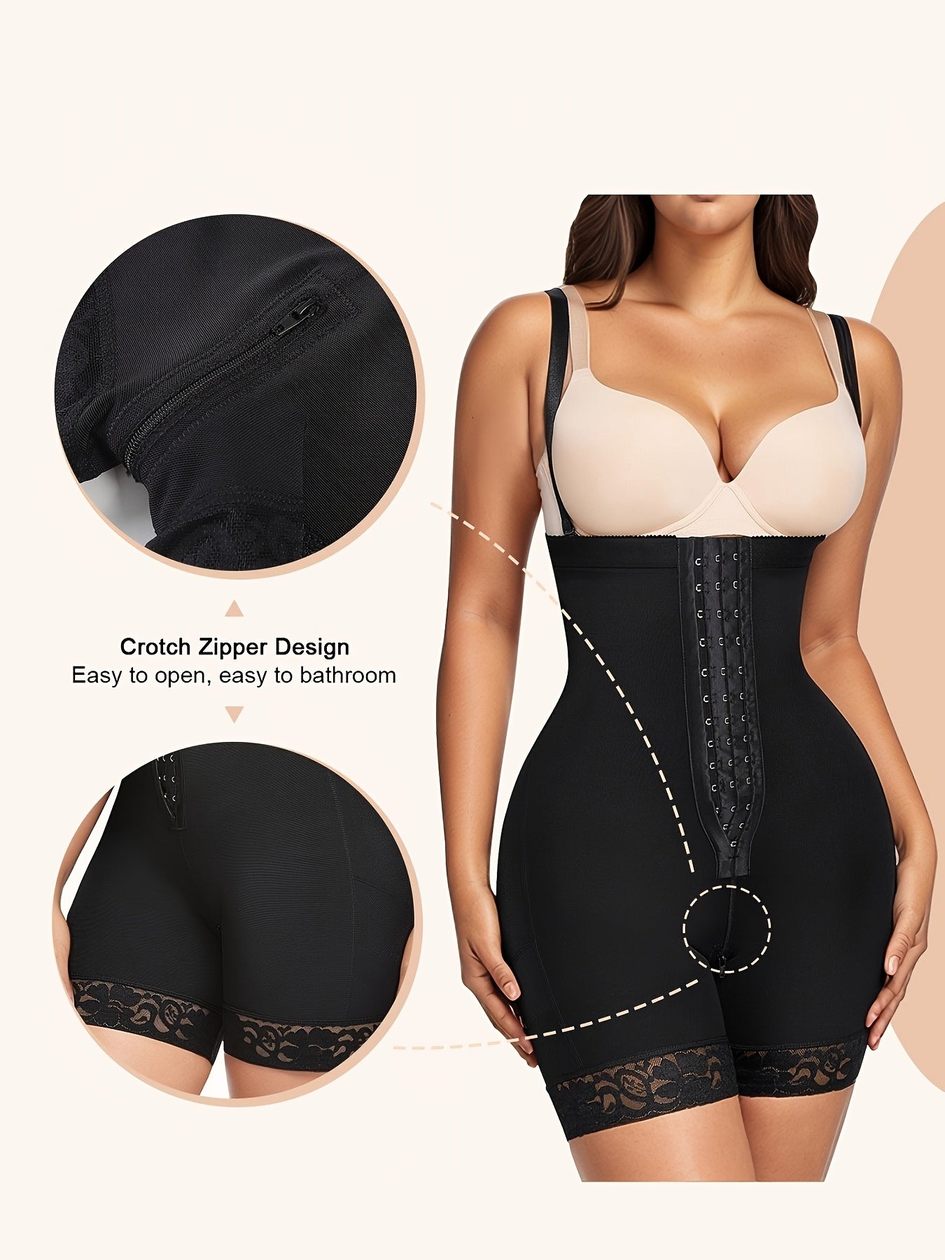 Women's Plus Size Tummy Control Shapewear Bodysuit with Zipper, Lace Detailing & Open Crotch Design - Black, High Stretch, Slimming Waist Cincher for All-Day Support, Body Shaping Wear | Lace Trimmed Shapewear | Hookandeye De