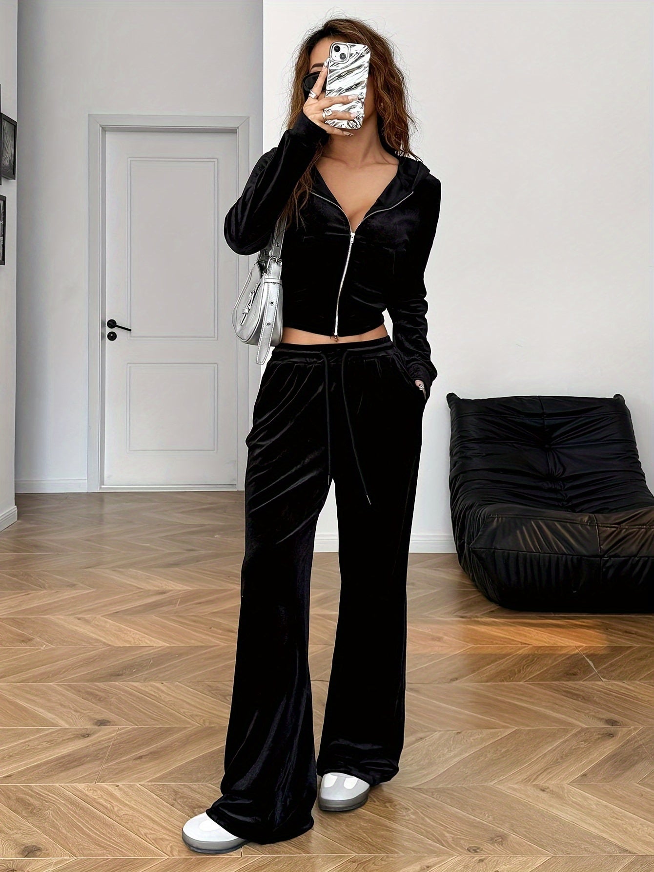 Spring/Summer Black Rhinestone Decorated Hooded Zipper Top and Pocket Pants Women's Casual Sports Suit