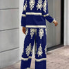 2pcs Elegant Special Set for Women with Random Print Front Button Long Sleeve Top and Pants Casual Suit