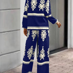 2pcs Elegant Special Set for Women with Random Print Front Button Long Sleeve Top and Pants Casual Suit