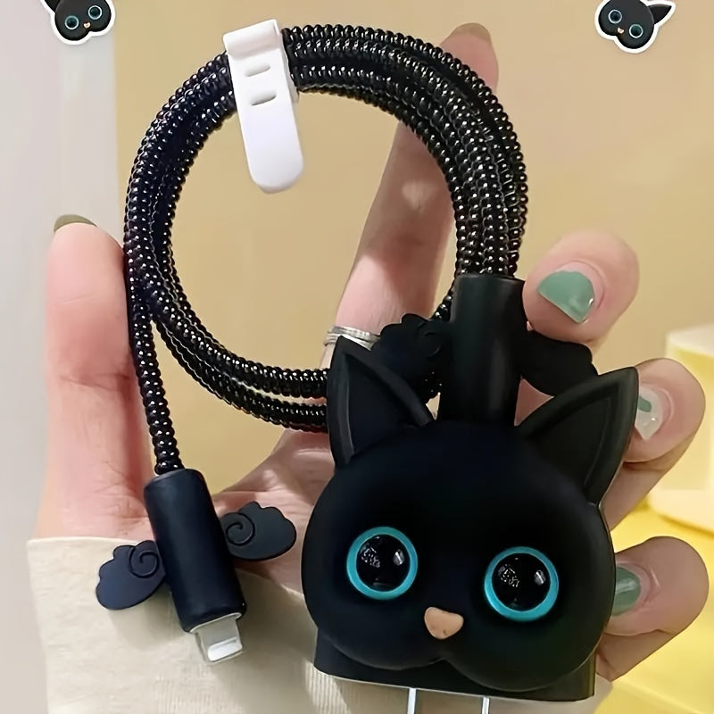 5-Pack Cute Cat Pattern Charger Protector, 18/20W Fast Charging Head Anti-Break Cable Organizer, TPU Material, No Battery, Ideal Gift for Boyfriend/Girlfriend
