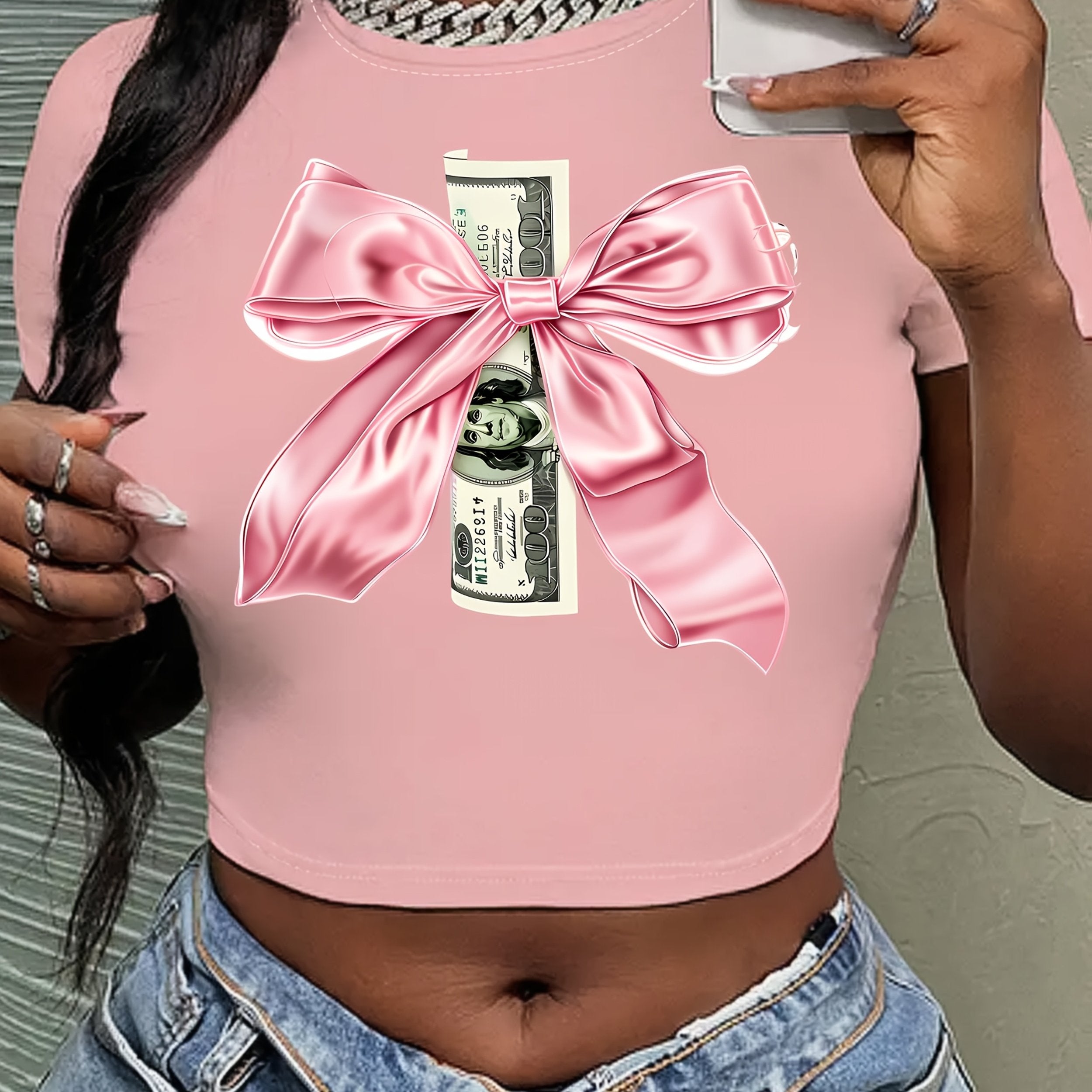 Women'S Y2K-Inspired Pink Bow & Dollar Bill Graphic Crop Top T-Shirt - Short Sleeve, Butterfly Print, Medium Stretch, Spring/Summer Casual Wear, Casual Wear | Playful Print Top | Comfortable Fit, Y2K Fashion