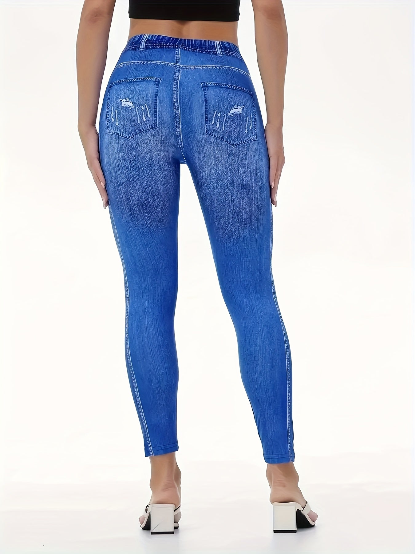 Women's High-Waist Stretch Denim-Look Leggings with 3D Ripped Print, Elastic Waistband, Faux Pockets & Buttons, Comfortable Yoga & Casual Wear for All Seasons, High-Waist Stretch Denim-Look Leggings, Allseasons Apparel, Mediu