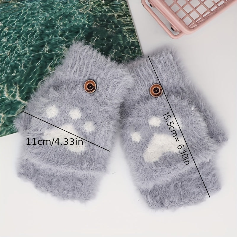 Cozy Cat Paw Convertible Mittens for Women - Soft, Warm Fingerless Gloves with Flip-Top Design | Cute Aesthetic White Furry Winter Accessory, Machine Washable