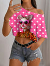 Women's Summer Top, Fashionable Design, Innovative Pattern, Minimalist Artistic Style, Expressive and Romantic, Free to Mix & Match, Portrait Print, Sexy Off-Shoulder T-Shirt with Polka Dots