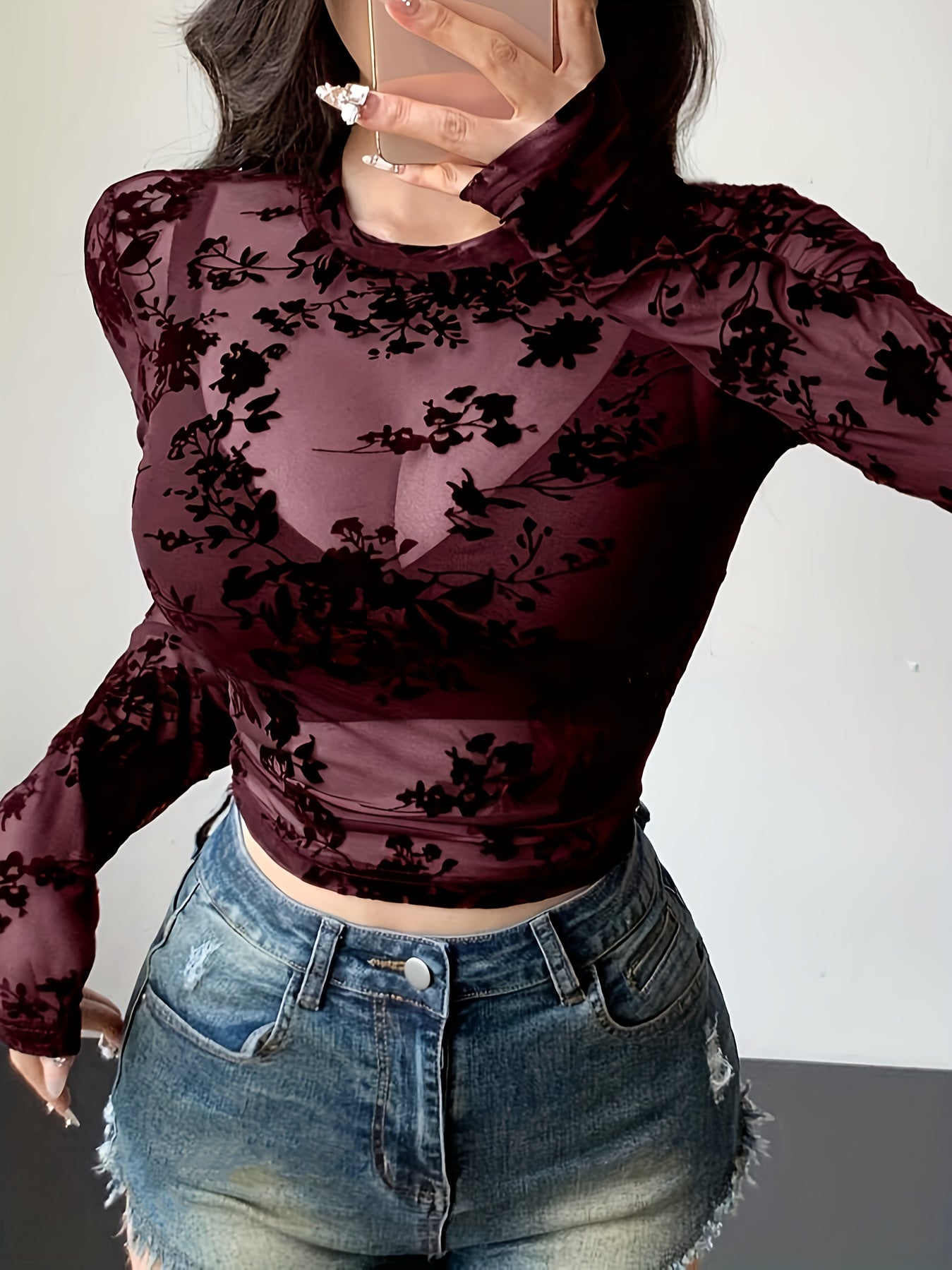 Floral Print Short Sleeve Crop T-shirt, Sexy Semi-sheer Solid Color Crew Neck Top For Spring & Summer, Women's Clothing