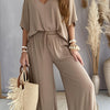 Casual Solid Color Pants Suit, Half Sleeve V-neck Top And Wide Leg Pants Clothing, Women'S Clothing