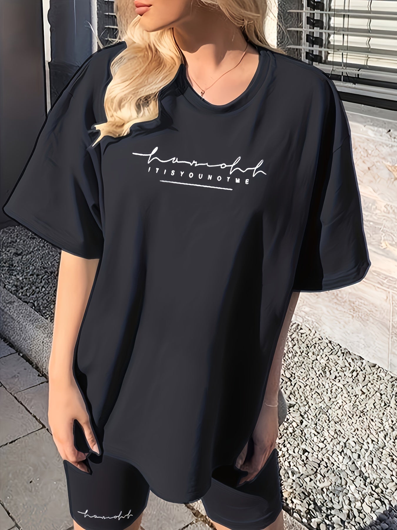 Women's Letter Print 2-Piece Set – Short Sleeve Crew Neck T-Shirt & High Waist Biker Shorts, Casual Matching Outfit for Spring/Summer
