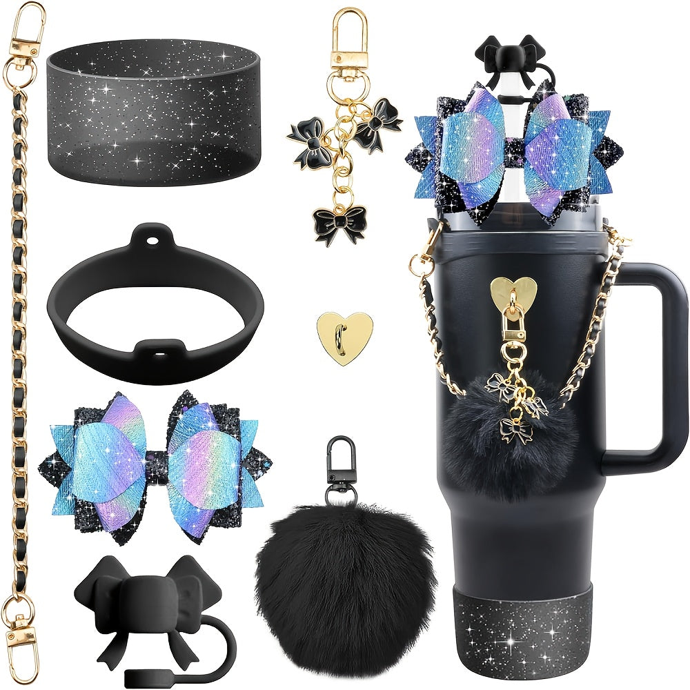 8pcs Bling Silicone Accessories for 30oz 40oz Tumbler Cup, Including Silicone Bow Straw Topper Cover, Protective Silicone Boot, Leather Water Bottles Handle Strap