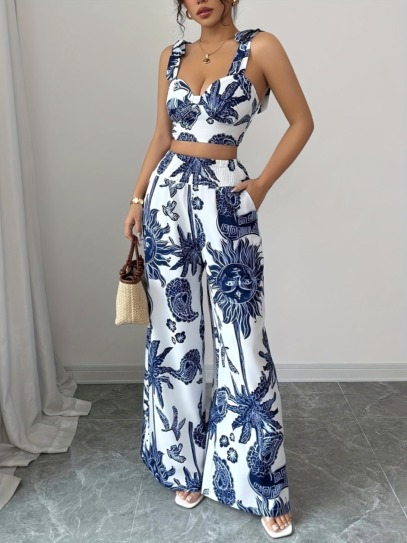 2pcs Bohemian Style Blue and White Floral Print Crop Top with Strapless Detail and Wide-Leg Pants, Perfect for Vacation or Casual Attire, Polyester, Spring/Summer Collection