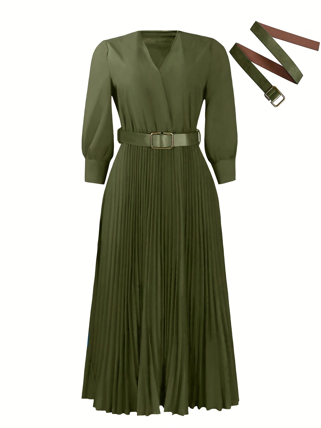 Elegant V-Neck Pleated Midi Dress with Belt for Women - Chic Long Sleeve, Cinched Waist, Ribbed Texture, Perfect for Spring & Fall Formal Event