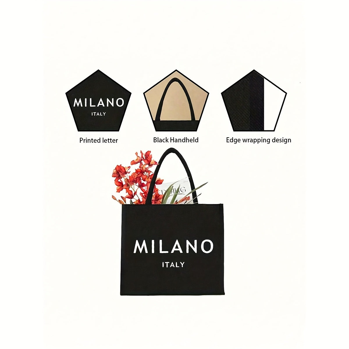 Milano Italy Black Tote Bag with "Milano Italy" Print - Durable Polyester, Perfect for Birthdays, Beaches, Holidays - Ideal Gift for Mothers, Teachers, Friends, and Students, Beach Tote Bag|Stylish Tote Bag|Durable