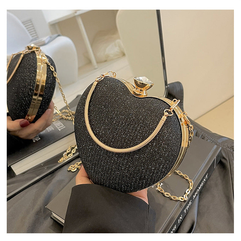 Ladies Fashion Shining Chain Crossbody Bag, Elegant Shoulder Heart Shaped, Metal Embellished, Black, with Buckle Closure, for Party, Wedding, Date