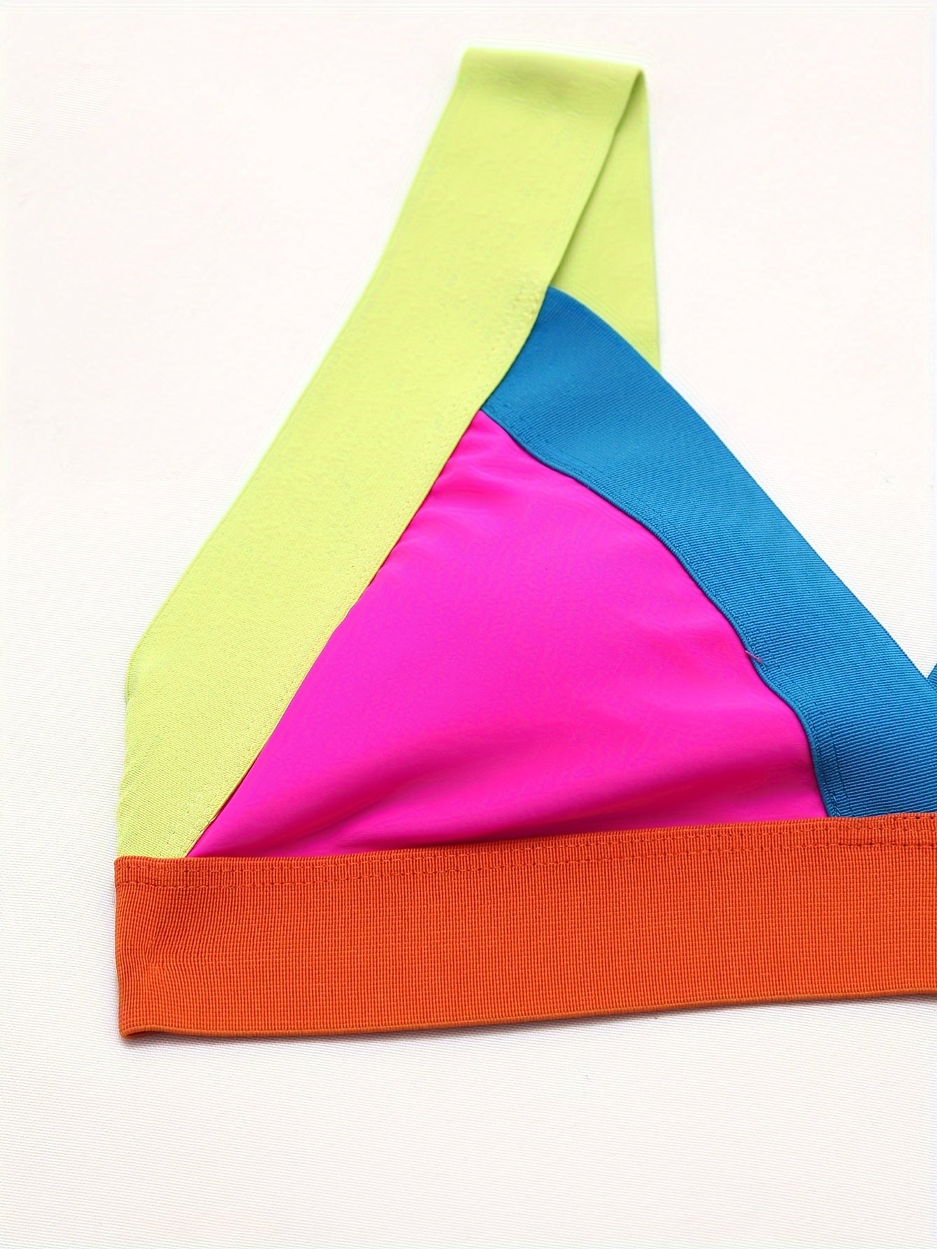 Women'S High Stretch Color Block Bikini Set - European & American Style Triangle Cross Strap Swimsuit with Neon Green, Pink, Blue, Orange Bandeau Top & High-Waisted Bottoms