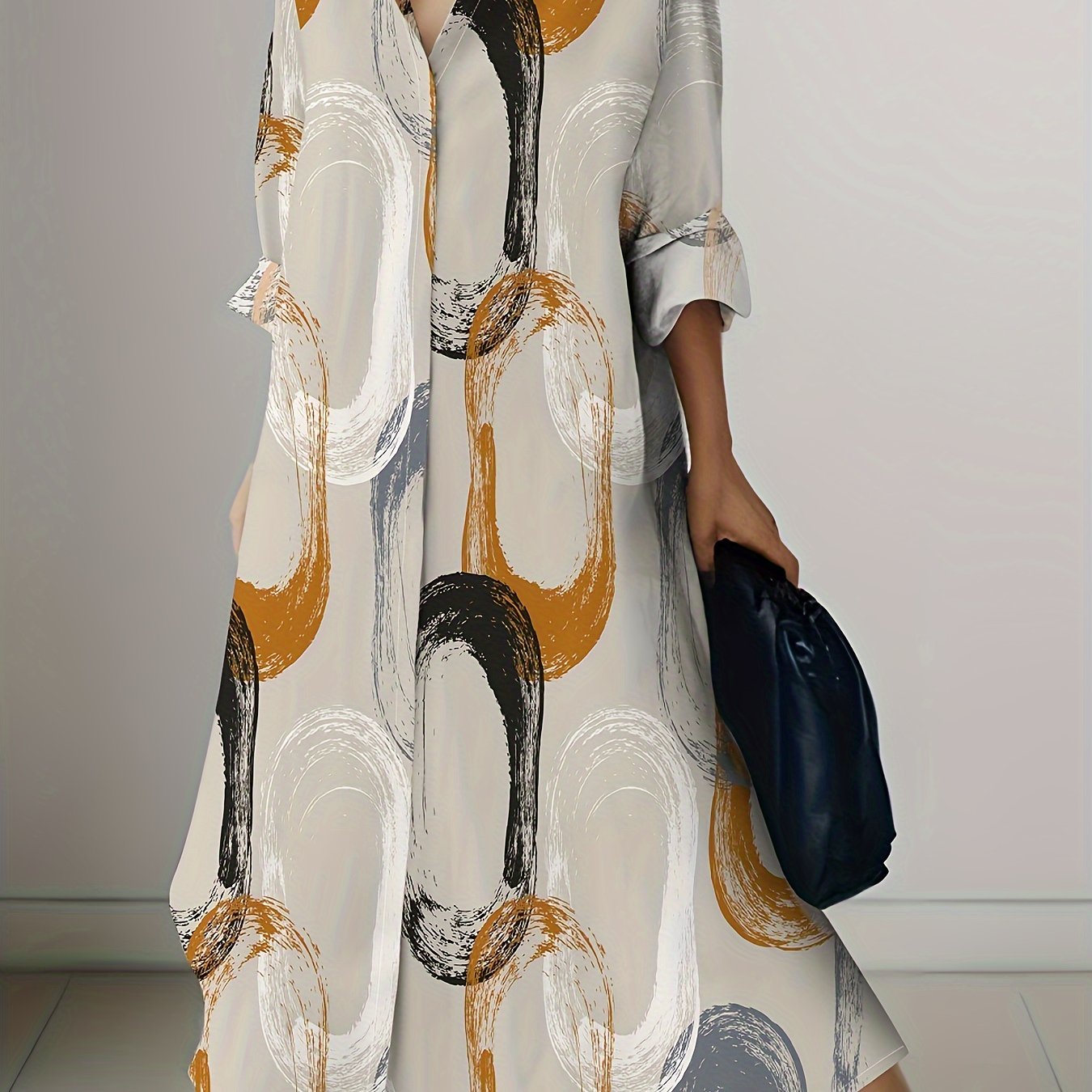 Chic Vacation-Style Long Sleeve Dress - Women's Polyester Shift with Abstract Print, Button-Up Collar, and Roll-Up Option - Perfect for Spring/Fall Getaways