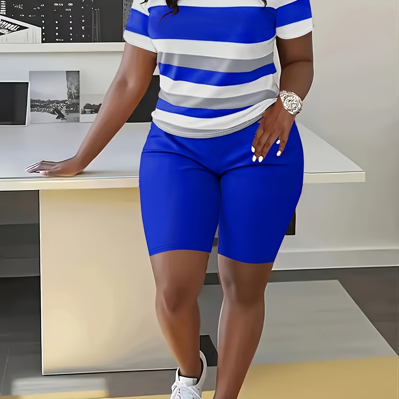 Striped Splicing Spring and Summer Casual Round Neck Short Two-Piece Set