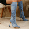 Women's Denim Stiletto Boots, Fashion Pointed Toe Side Zipper High Heeled Boots, Sexy All-Match Long Boots