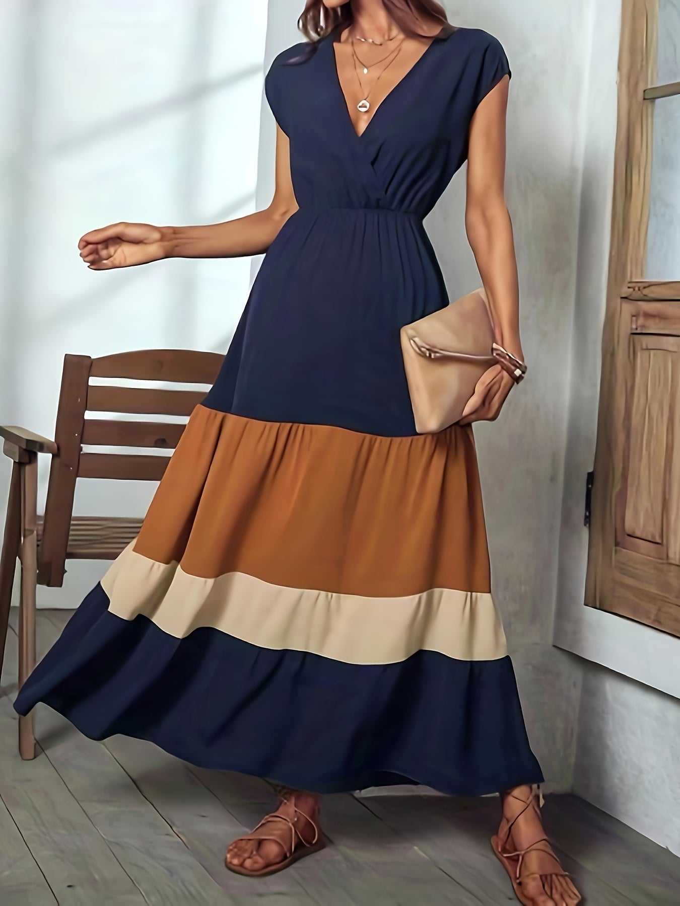 Vibrant Color Block Surplice Neck Maxi Dress - Elegant Sleeveless A-Line Silhouette, Micro Elasticity, Polyester Fabric, Solid Color, Summer Essential - Womens Elegant Clothing for Special Occasions
