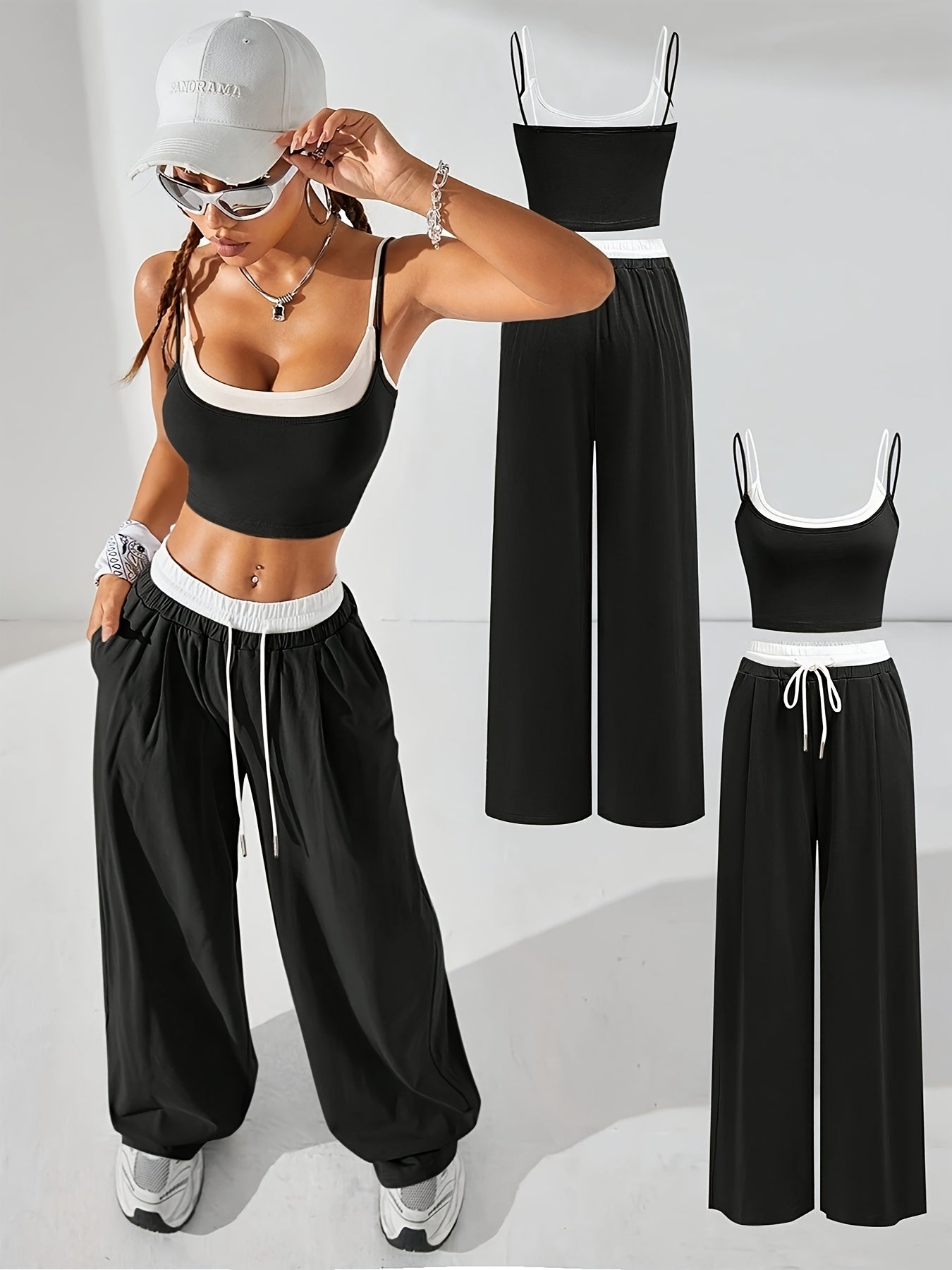 Chic Spring/Summer Two-in-one Contrast Color Cami Top with Color Block Wide-Leg Pants for Women - Polyester, Drawstring, Elegant Urban Style