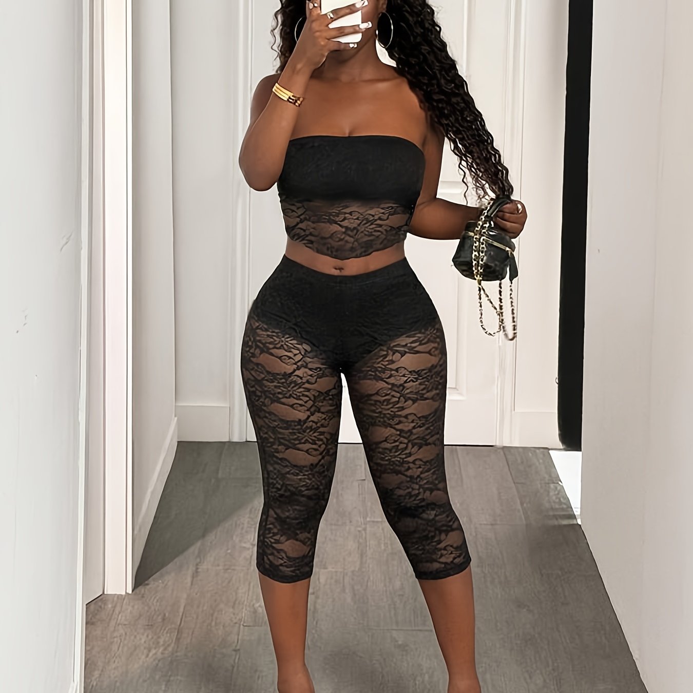 Ladies' Lace Stylish Sexy Strapless Top & 3/4 Length Fitted Lace Leggings Two-Piece Set