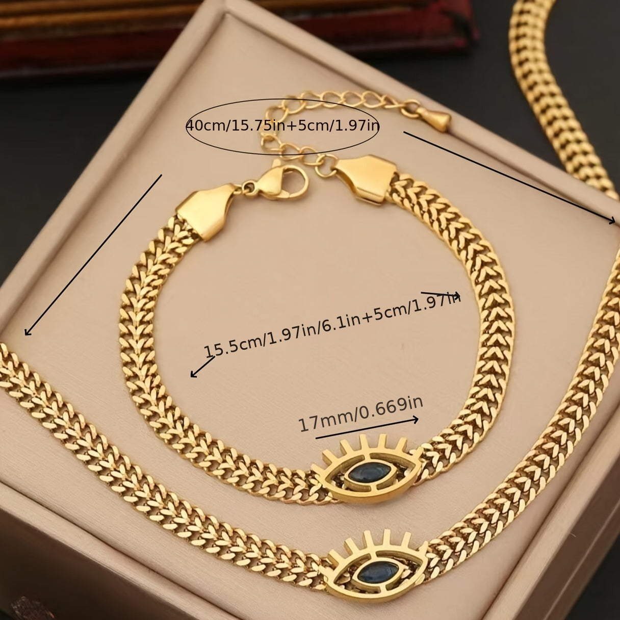 2pcs/set, Golden Stainless Eye Shape Design, Inlaid Sparking zirconia Pendant Necklace & Bracelet Set, Fashion Unique Accessory For Daily Wear & Party, Idea Gift For Ladies